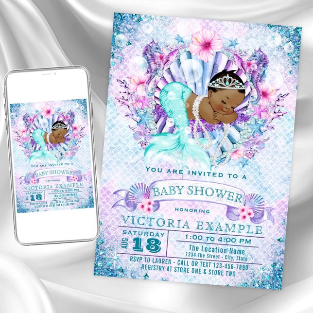 African American Mermaid Baby Shower Invitations (Cute mermaid baby shower invitation. Instant download and printed invitations available.)
