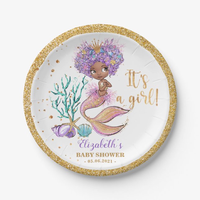 African American Mermaid Baby Shower Paper Plate (Front)
