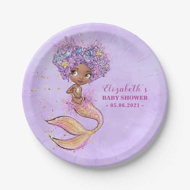 African American Mermaid Baby Shower Paper Plate (Front)