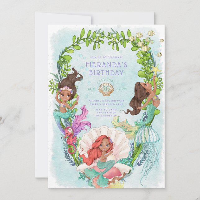 African American Mermaid Birthday  Invitation (Front)