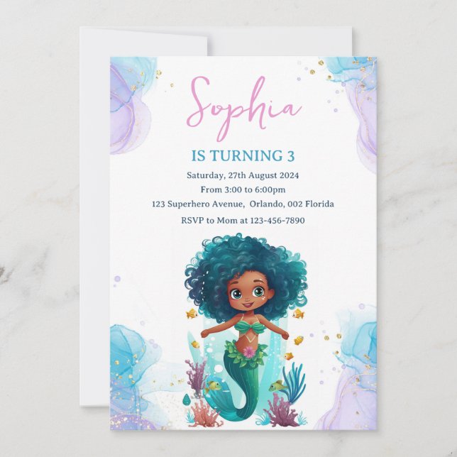 African American Mermaid Birthday Invitation (Front)