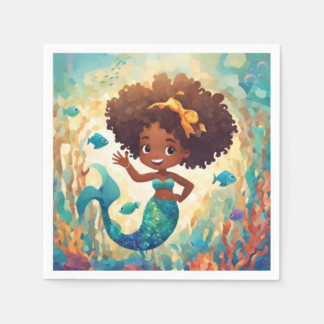 African American Mermaid Birthday Napkin (Front)