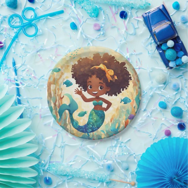 African American Mermaid Birthday Napkin Paper Plate (Party)