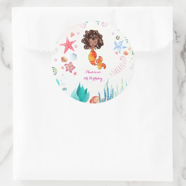 African American Mermaid Birthday Thank You Classic Round Sticker (Bag)