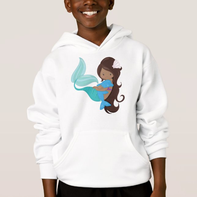 African American Mermaid, Brown Hair, Dolphin (Front)