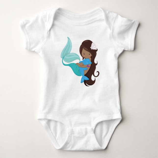 African American Mermaid, Brown Hair, Dolphin Baby Bodysuit (Front)