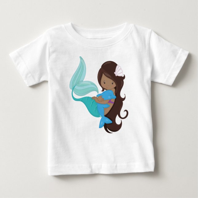African American Mermaid, Brown Hair, Dolphin Baby T-Shirt (Front)