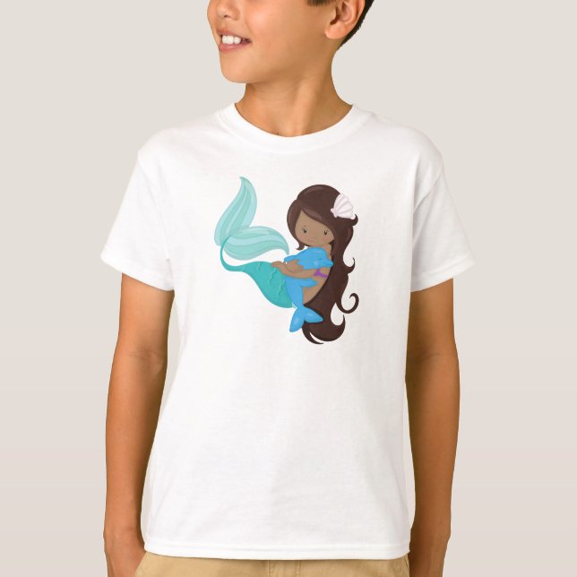 African American Mermaid, Brown Hair, Dolphin T-Shirt (Front)