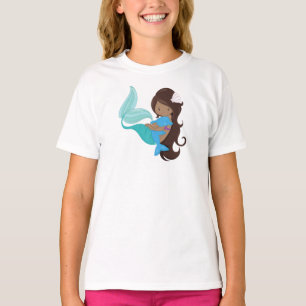 African American Mermaid, Brown Hair, Dolphin T-Shirt