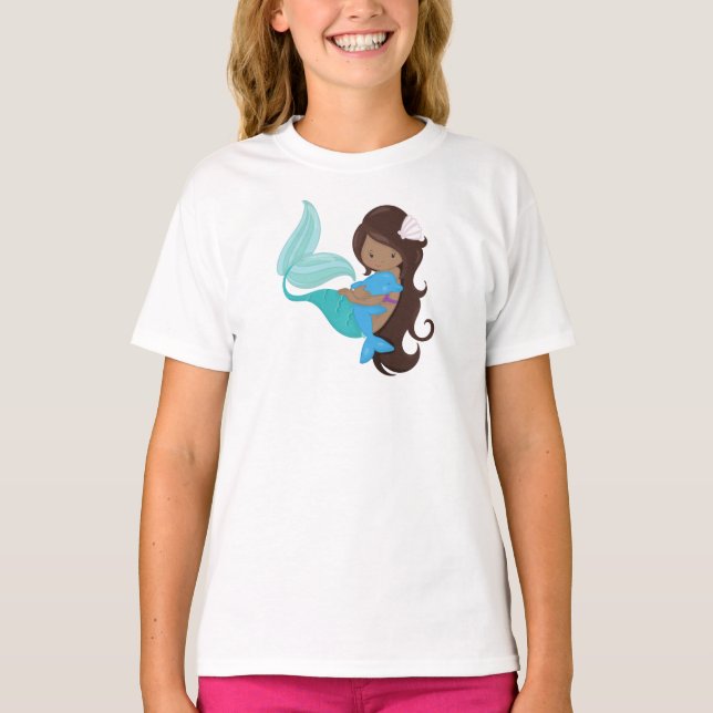 African American Mermaid, Brown Hair, Dolphin T-Shirt (Front)