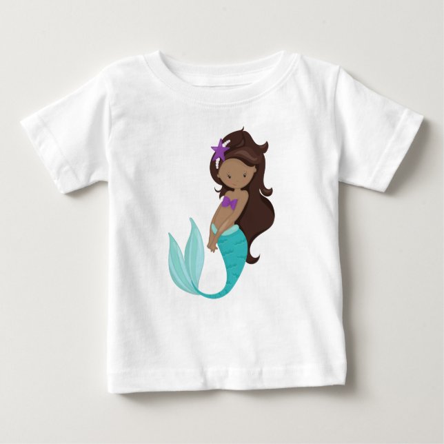 African American Mermaid, Brown Hair, Starfish Baby T-Shirt (Front)