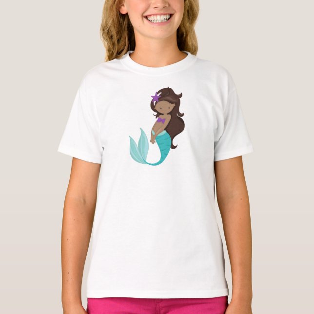 African American Mermaid, Brown Hair, Starfish T-Shirt (Front)