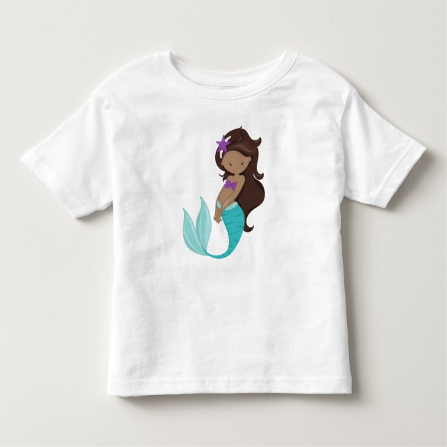 African American Mermaid, Brown Hair, Starfish Toddler T-Shirt (Front)
