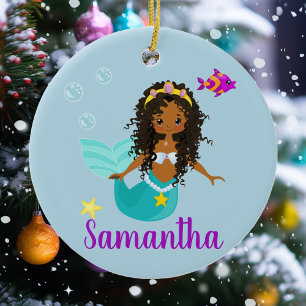 African American Mermaid Curly Hair Ethnic Custom Ceramic Ornament