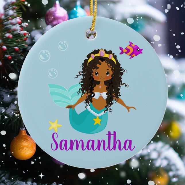 African American Mermaid Curly Hair Ethnic Custom Ceramic Ornament (Creator Uploaded)