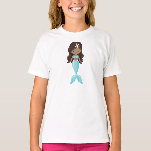 African American Mermaid, Cute Mermaid, Blue Tail T-Shirt (Front)