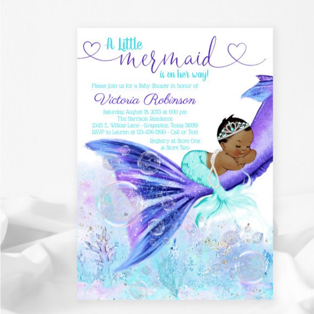 African American Mermaid Girl Baby Shower Invitation (Creator Uploaded)