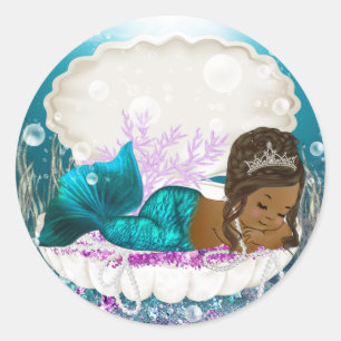 African American Mermaid Girl Baby Shower Stickers