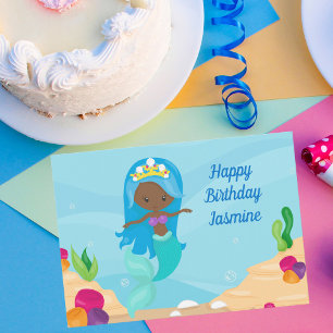 African American Mermaid Girl Custom Kids Birthday Card