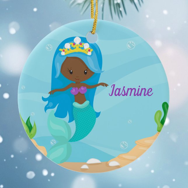 African American Mermaid Girl Cute Custom Kids Ceramic Ornament (Creator Uploaded)