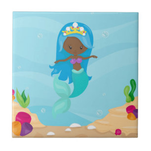 African American Mermaid Girl Cute Custom Kids Ceramic Tile