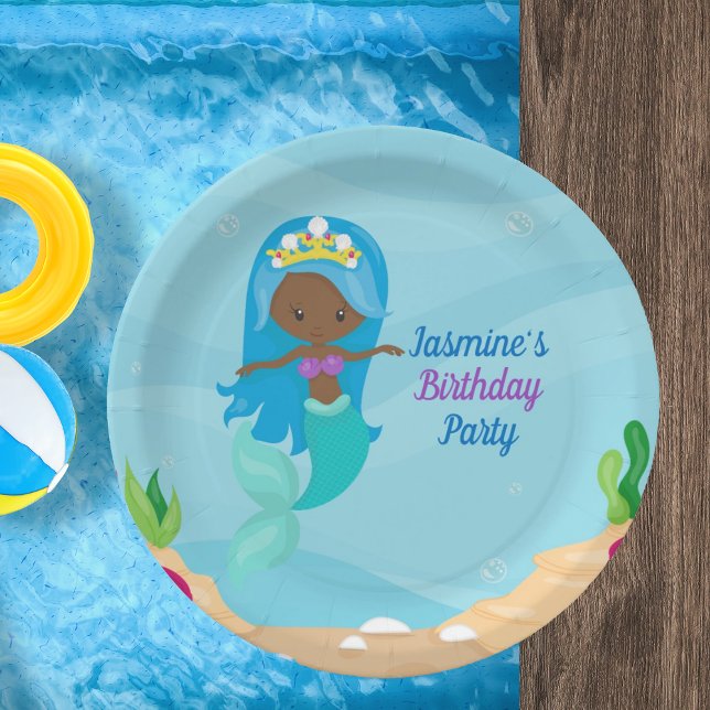 African American Mermaid Girl Kids Birthday Party Paper Plate (Creator Uploaded)