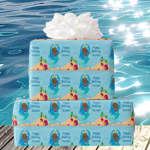 African American Mermaid Girl Kids Custom Birthday Wrapping Paper