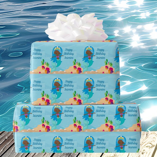 African American Mermaid Girl Kids Custom Birthday Wrapping Paper (Creator Uploaded)