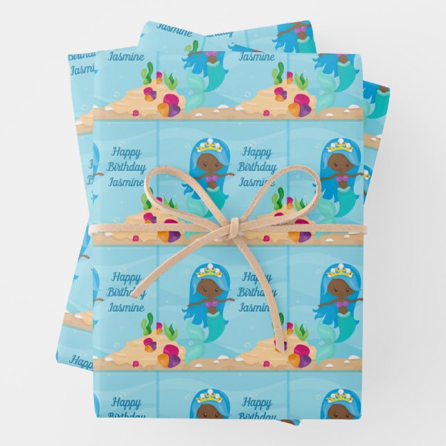 African American Mermaid Girl Kids Custom Birthday Wrapping Paper Sheet (In situ)