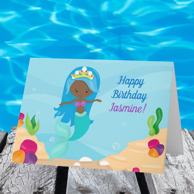 African American Mermaid Girl Kids Happy Birthday Card (Creator Uploaded)
