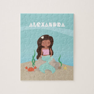 African American Mermaid Girl Kids Personalised Jigsaw Puzzle