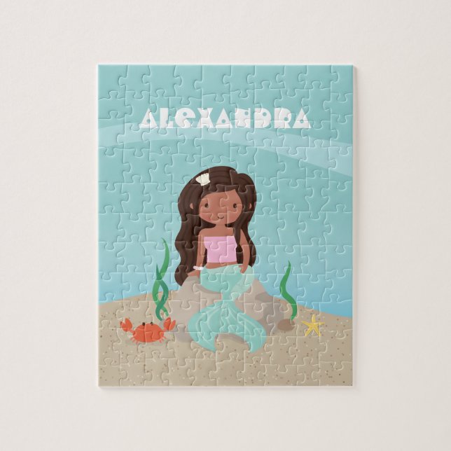 African American Mermaid Girl Kids Personalised Jigsaw Puzzle (Vertical)