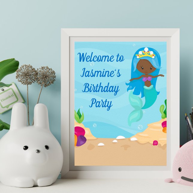 African American Mermaid Girls Birthday Party Poster (Creator Uploaded)