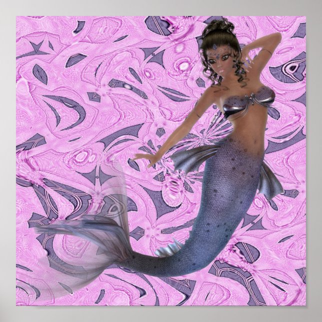 African American Mermaid on Fractal Print Poster (Front)
