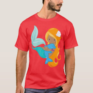 African American Mermaid Orange Hair Dolphin T-Shirt