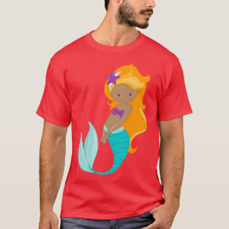 African American Mermaid Orange Hair Starfish T-Shirt