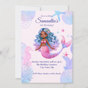 African American Mermaid Pink and Purple Party Invitation