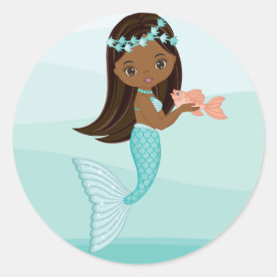 African American Mermaid with Fish Round Sticker