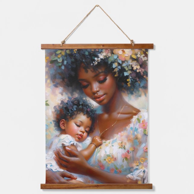 African American Mother and Baby Floral Hanging Tapestry (Front)