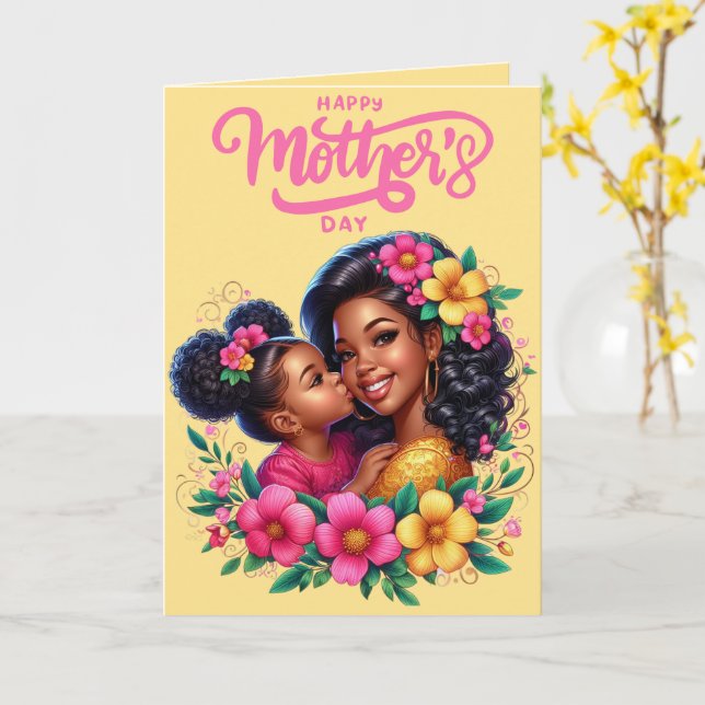 African American Mum & Daughter Happy Mother's Day Card (Yellow Flower)