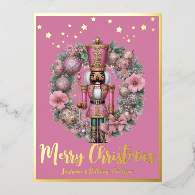African American Nutcracker Pink Pastel Wreath Foil Holiday Postcard (Front)