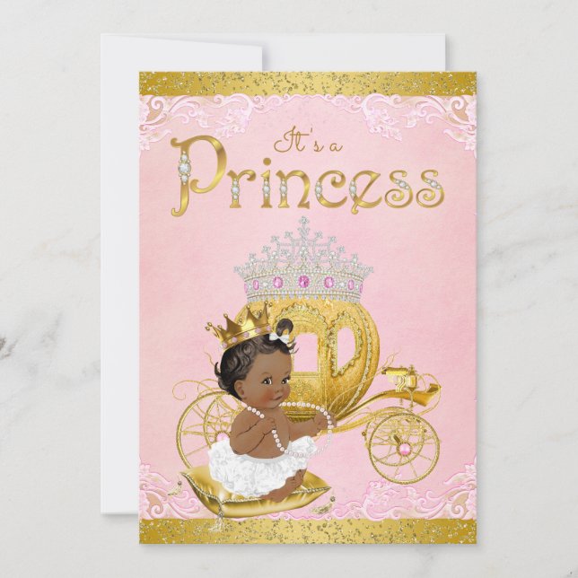 African American Pink Gold Princess Baby Shower Invitation (Front)