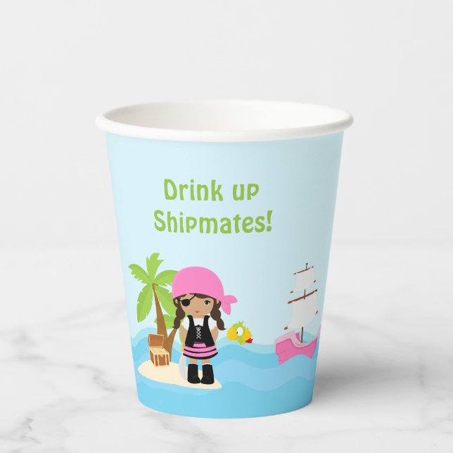 African American Pirate Girl in Pink Party Paper Cups (Front)