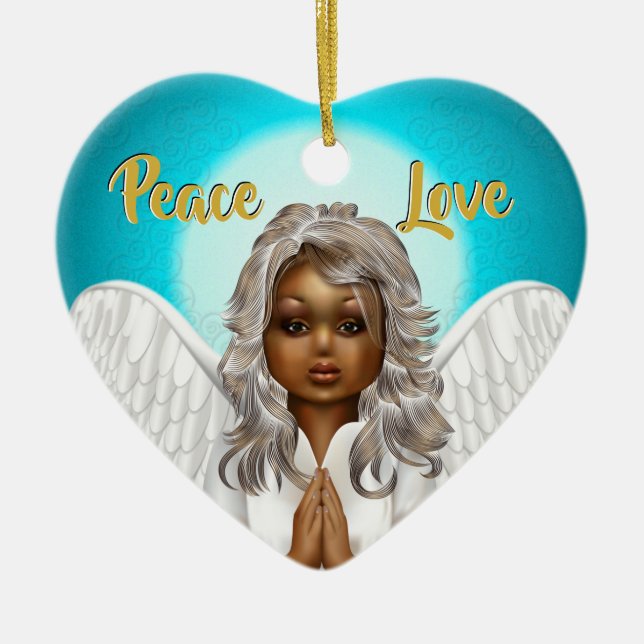 African American Praying Angel Ceramic Ornament (Front)