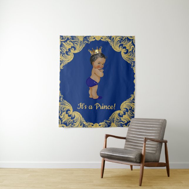 African American Prince Baby Shower Backdrops Tapestry (In Situ)