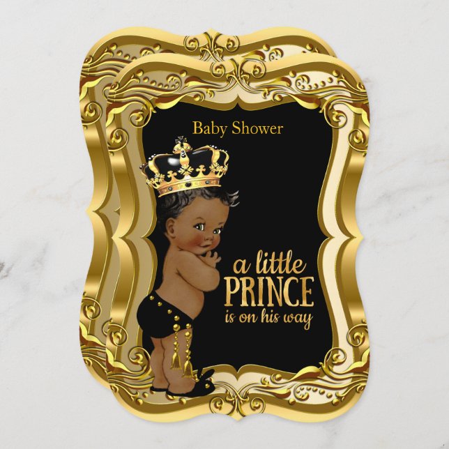 African American Prince Baby Shower Black Gold Invitation (Front/Back)