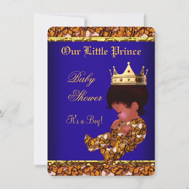 African American Prince Baby Shower Blue Gold Boy Invitation (Front)