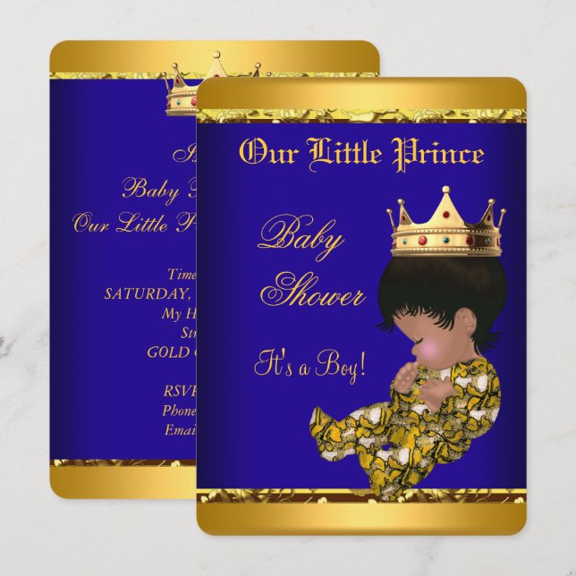 African American Prince Baby Shower Blue Gold Boy Invitation (Front/Back)