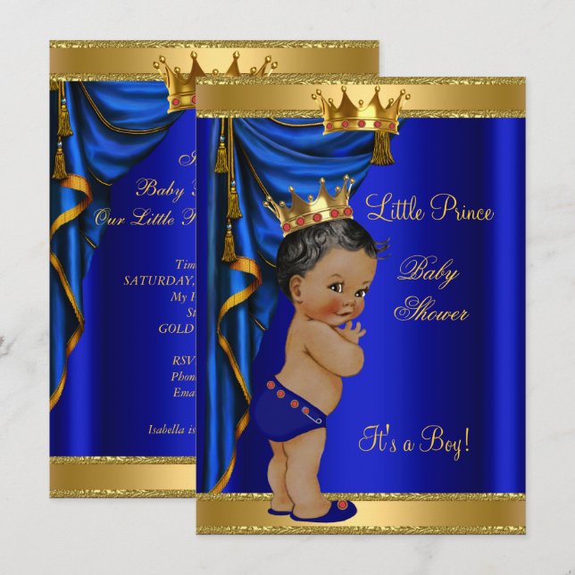 African American Prince Baby Shower Blue Gold Red Invitation (Front/Back)