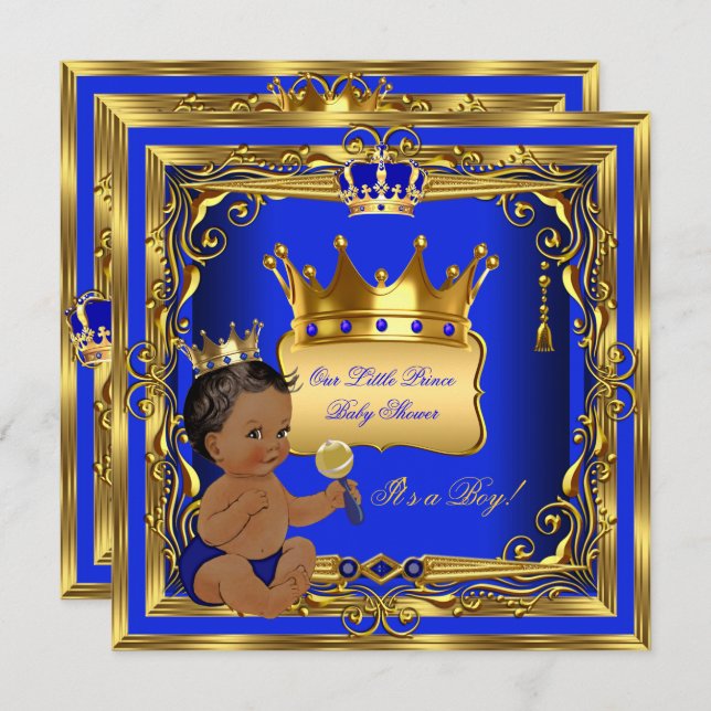 African American Prince Baby Shower Boy Blue Gold Invitation (Front/Back)